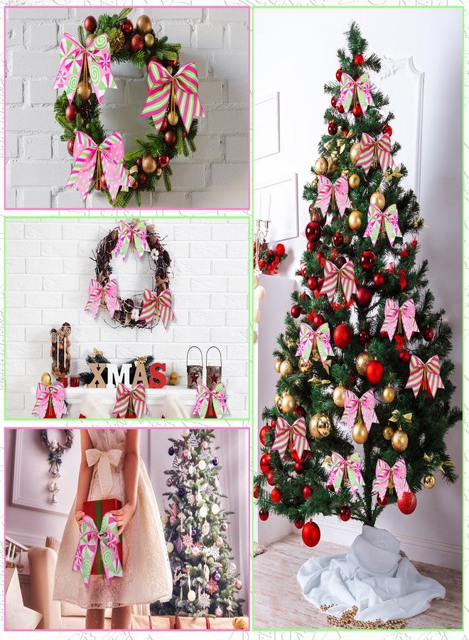 Knitgrip 12 Pcs Christmas Pink Green Bows Decoration 6 Inch Large Christmas Candy Peppermint Bowknots Gift Wrapping Ribbon Garland for Xmas Tree Wreaths Holiday Crafts Party Accessories - Image 4
